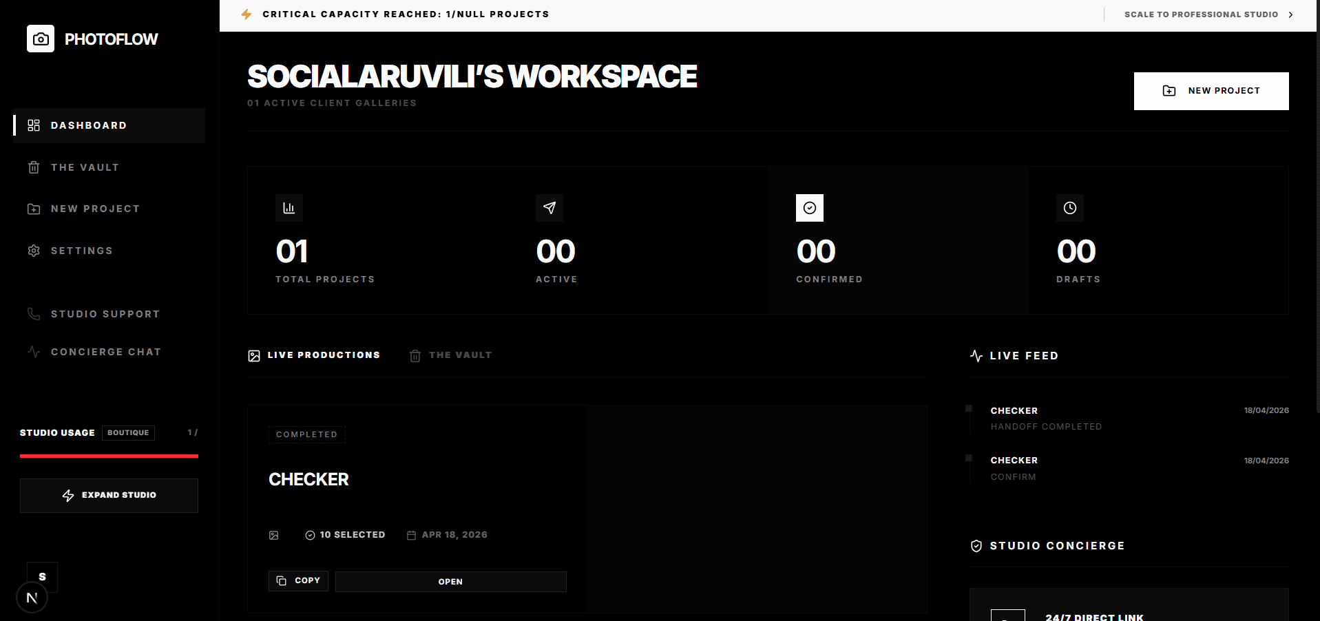 Aruvili PhotoFlow Dashboard Interface
